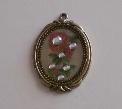 Framed Rose Flowers Pewter Pendant White Rhinestones - Image 1 of 4