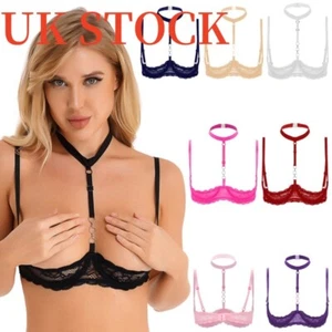 Women's 1/4 Cups Open Lace Bra Underwire Halter See Through Bralette Underwear - Picture 1 of 79