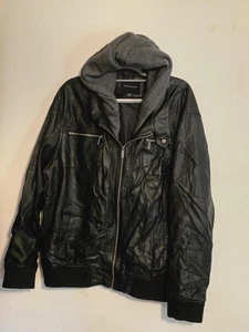 Structure Jacket Mens 2XL Black Hooded Faux Leather Bomber Zip Pockets Lined - Picture 1 of 6