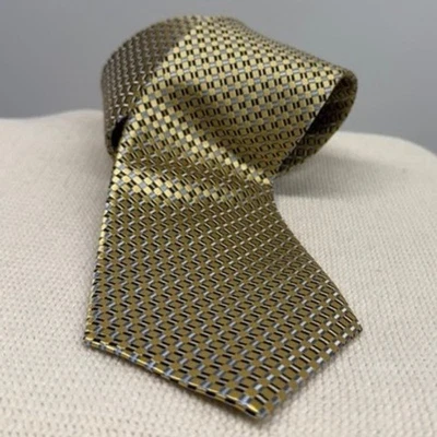 BRUNO PIATTELLI ROMA 超长丝绸几何图案领带金色海军蓝 — 第 1/4 张图片