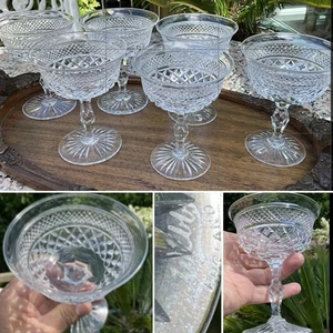 👀2 X ANTIQUE WEBB “RUSSELL” CHAMPAGNE COUPE DIAMOND FACET CUT GLASS SIGNED VGC - Picture 1 of 6