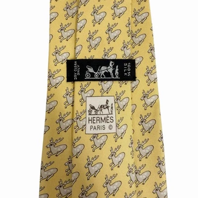 Corbata para hombre Hermes ciervo amarillo 100 % seda satinada Francia 5278 SA 3,5" (W) 60" (L) usada en excelente estado Foto 1 de 4