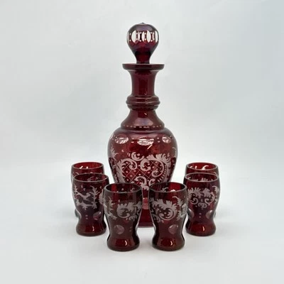 Czech Bohemian Ruby Glass and Decanter Set Cut To Clear 6 Cordials - Image 1 of 4