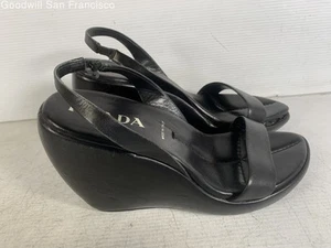 Entrupy Authenticated COA Prada Italy Black Wedge Slingback Womens Heels Size 39 - Picture 1 of 11