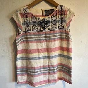 James Coviello Anthropologie Embroidered Linen Top Striped Cap Sleeve Boho Sz XS - Picture 1 of 5