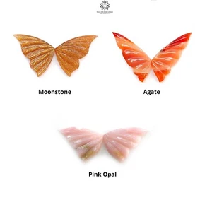 Natural Peach Moonstone, Agate & Pink Opal Gemstone Hand Carved Butterfly Pair - Picture 1 of 16