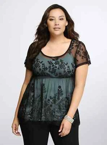 Torrid Solid Black Sheer Lace Short Sleeve Babydoll Top Blouse - Size 0X - Picture 1 of 9
