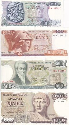 Greece 50 100 500 1000 Drachmes 1978 1983 1987 P 199 200 201 202 UNC Set 4 Pcs - Image 1 of 2