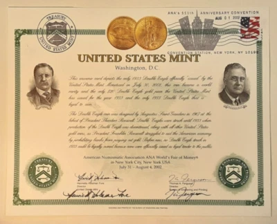 US Mint Souvenir Card 2002 NY ANA 1933 $20 Gold Autographed/Cancelled B-263  EXC - Image 1 of 3