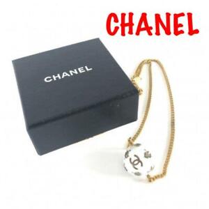 Auth CHANEL CC Logo White Ball Pendant Gold Chain Necklace 98P Used from Japan