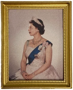Dolls House Young Queen Elizabeth II in Royal Sash Portrait Picture Gold Frame - Picture 1 of 8