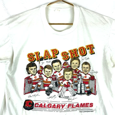 Vintage Calgary Flames Caricature T-shirt Medium White Nhl Single Stitch 90s Cover
