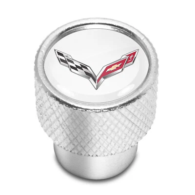Chevrolet Corvette C7 Logo White on Shining Silver Aluminum Tire Valve Stem Caps - Image 1 of 4
