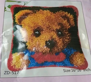 Latch Hook Kit 16" Pillow Cover Brown Teddy Bear With Red Bow Tie ZD-517 - Picture 1 of 10
