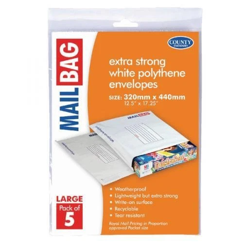 Large Polythene Mail Bag White, pack 5 Size 320 x 440mm12.5 x 17.25ins STRONG - Image 1 of 1