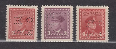 1942-3 #O251-2 3¢ & #O254 4¢ PERFORATED  OHMS  KING GEORGE VI WAR ISSUE F-VF - Image 1 of 2
