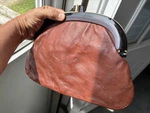 LAZARUS Leather Made In Italy Brown PURSE CLUTCH BAG Bakelite Handle VG Cond. - Picture 1 of 7