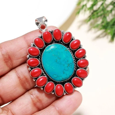 Elegante colgante de joyería de plata de ley 925 con piedras preciosas de coral rojo turquesa Foto 1 de 4