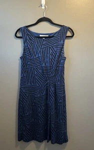 Ann Taylor Loft Sleeveless Pleated Knit Sheath Dress Womens S Blue Print Lined - Picture 1 of 15