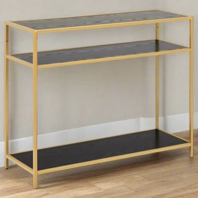 Seaford Console Table Glass Top Gold Metal Frame Shelf Shelving Unit New 100cm - Image 1 of 4