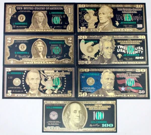 Lots 7 Pcs Black Golden Banknotes Crafts Notes Money Gift US 1-100 Dollar Set - Picture 1 of 11