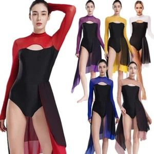 Women Lyrical Dance Dresses Long Sleeve Cutout Backless Mesh Irregular Skirted - Picture 1 of 61