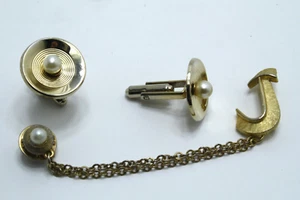 MCM Ballou "J" Set Cufflinks & Tie Tack / Lapel Pin Chain Gold Tone Faux Pearl - Picture 1 of 5