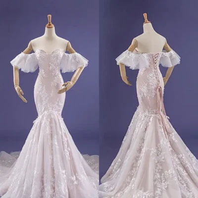 Champagne Mermaid Wedding Dresses Sweetheart Applique Bridal Gowns Sweep Train  - Image 1 of 4