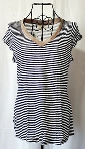 Maison Jules Women's White/Blue Striped Linen T-Shirt Medium T26-521 - Picture 1 of 5