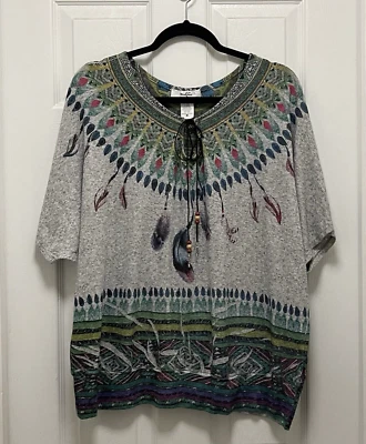 Blusa de malha Moa Moa feminina plus manga curta geométrica cinza tamanho 2X viagem - Imagem 1 de 4