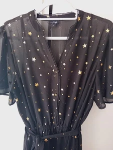 Pour Moi Black Gold Star Print Midi Dress Size 16 curve celestial mesh chiffon - Picture 1 of 19