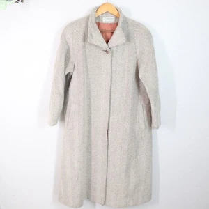Vtg Pavillion Coat Women Petite XL Beige Herringbone Wool Lined Pockets Overcoat - Picture 1 of 18