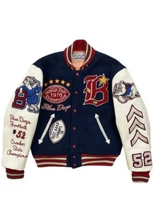 Men’s Varsity Chenille Embroidery Patches Wool+Leather Sleeves Bomber Jacket - Picture 1 of 11