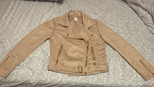 LC Lauren Conrad Moto Jacket Women’s Size 8 Beige Faux Suede Zip-Up Belted - Picture 1 of 24