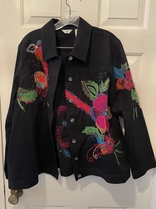 Laura Ashley Mujer 1x Chaqueta Negra con Colorido Bordado Planta - 100% Algodón - Imagen 1 de 10