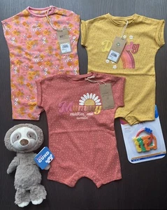 Baby Girl 3 - 6 Months Next Short Sleeve Rompers, Rattle, Soft Toy Set - RRP £38 - Picture 1 of 11