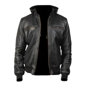 Men's Bomber Black Hooded Jacket 100% Real Lambskin Hoodie Jacket Custom Made - Picture 1 of 8
