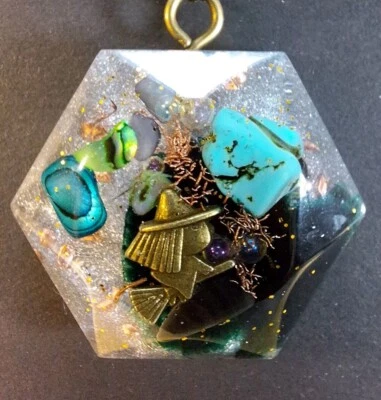 Orgonit Anhänger Orgon "Kommunikation" "Schutz" Hexe Bronze Türkis Obsidian  - Bild 1 von 4