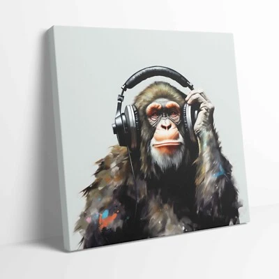 Gorilla Listen to Music Pop Art Stretched Canvas Print Wall Deco Art More Sizes - Image 1 of 4