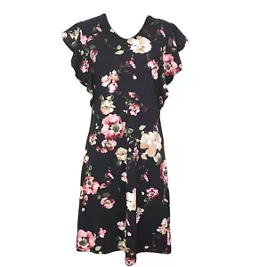 Vestido Les Amis Negro Floral Midi Una Línea Aleteador Mangas Gorra Cuello en V Talla Grande - Imagen 1 de 9