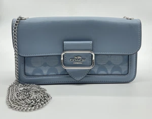 Coach CH137 Morgan Shoulder Bag In Signature Chambray Blue Smooth Leather Silver - Picture 1 of 12