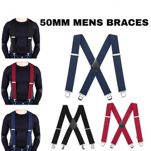 50MM MENS XXL WIDE HEAVY DUTY X SHAPE BRACES ELASTIC SUSPENDERS TROUSER CLIPS - Picture 1 of 15