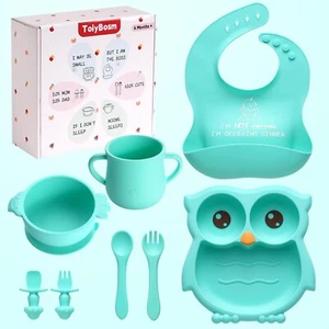 NEW! Feeding Set GREEN Silicone Owl Baby/Toddler 8pc Set - Great Gift! - Picture 1 of 6
