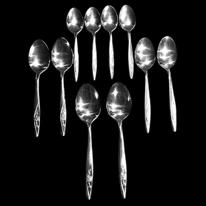 Lotto 10 pezzi vintage modello rosa varie dimensioni cucchiai 11C acciaio inox ~ Giappone - Foto 1 di 5