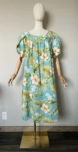 Vintage Puanani Dress 3XL Turquoise Hibiscus Hawaiian  Mumu Beach Resort Lounge - Picture 1 of 14