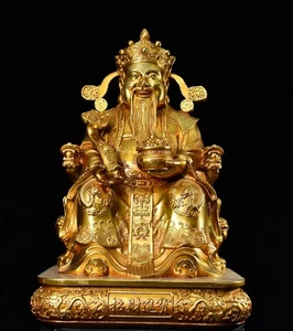 12" China Old Antique Tibetan Buddhism Brass Gilt Jambhala Buddha Statue - Picture 1 of 9