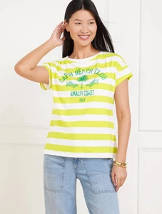 TALBOTS Cotton Cap Sleeve White/Lime Stripe Tee 'Amalfi Coast Italy' Size XL NWT - Picture 1 of 7