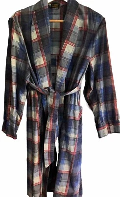 SEARS long ROBE Lg Vtg blue Red Wide PLAID FLANNEL Perma Prest TIE DAD 42-44 70s - Image 1 of 4