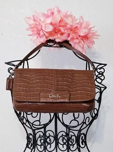 COACH Croc embossed BROWN LEATHER XL WRISTLET CLUTCH SMALL SATCHEL - Picture 1 of 12