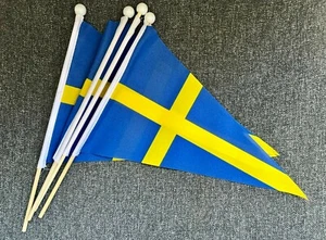 SWEDEN PACK OF 4 TRIANGULAR HAND FLAGS with sticks 12x8 inches 30cm x 20cm - Picture 1 of 1